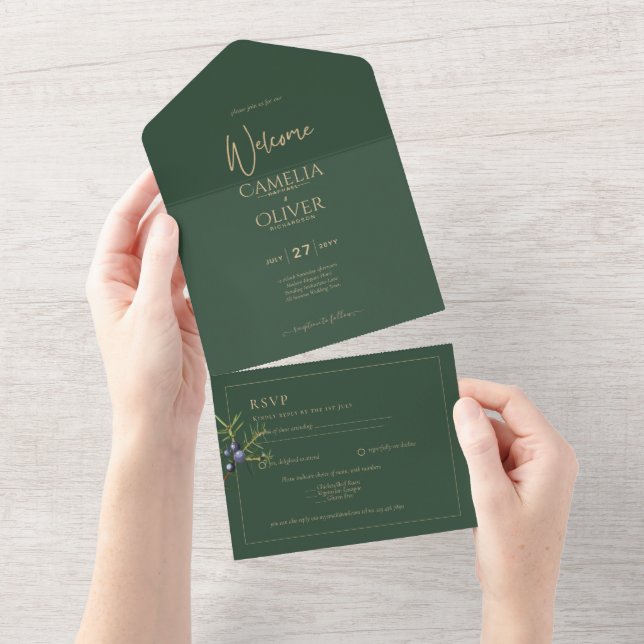 Convite de casamento DOURADO Verde de JUNIPER Mode (Aba destacável)