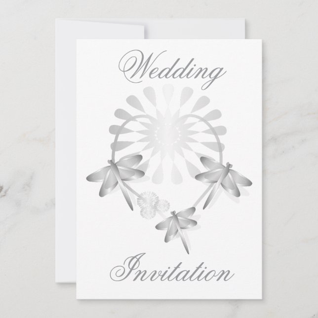 Convite De Casamento Dragonflies Silver Coração (Frente)