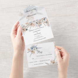 Convite de Casamento Dusty Blue Beige Floral All I