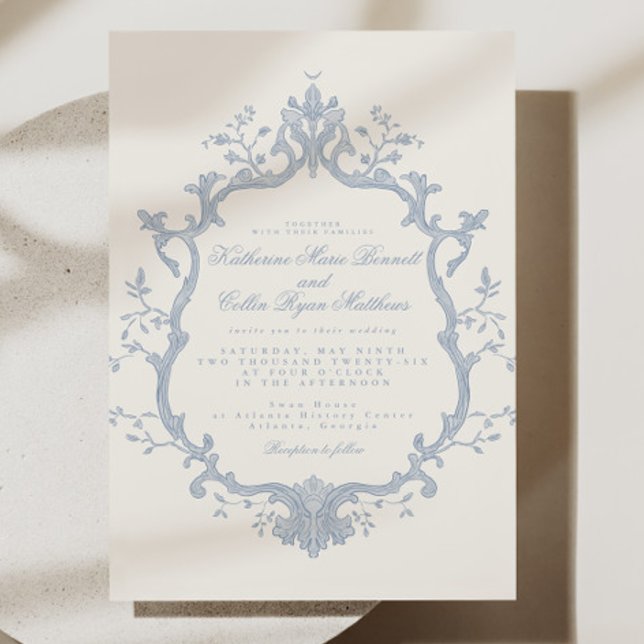 Convite de Casamento Dusty Blue Rococó (Criador carregado)