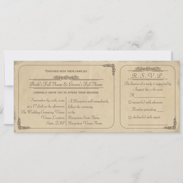 Convite de Casamento e RSVP com Bilhete de Pergami (Frente)
