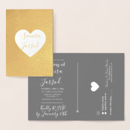 Convite de Casamento e RSVP Coração Cinza e Dourad