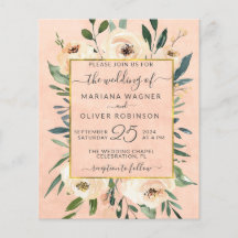 Convite de Casamento Econômico Floral Bege Dourado