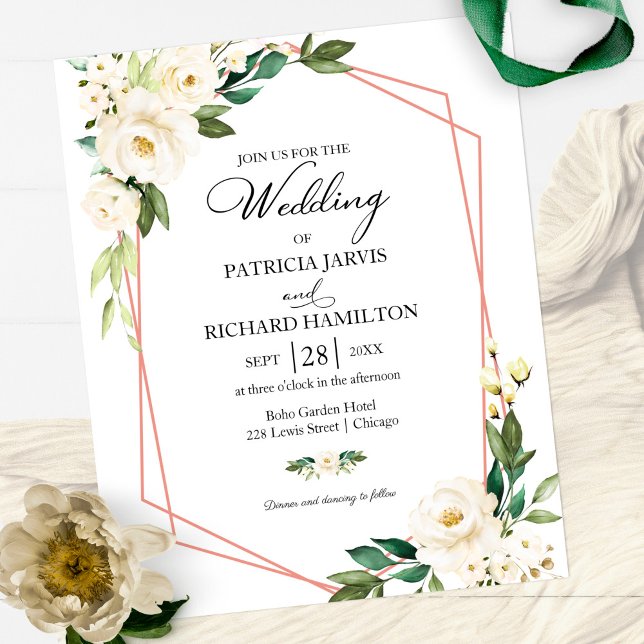 Convite de casamento econômico floral branco geomé (Criador carregado)