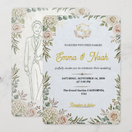 Convite de Casamento Editável Elegante Sage Dourad