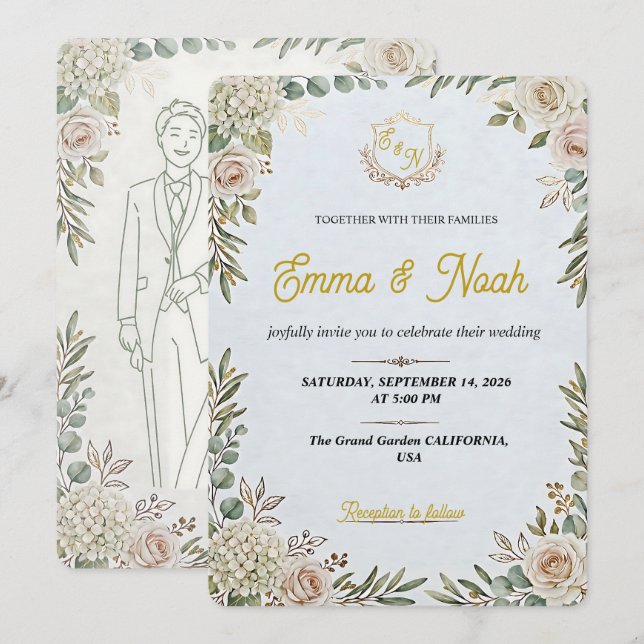 Convite de Casamento Editável Elegante Sage Dourad (Frente/Verso)