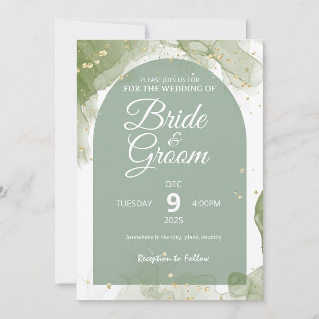 Convite de Casamento Editável Flat Card Verde Sage (Frente)