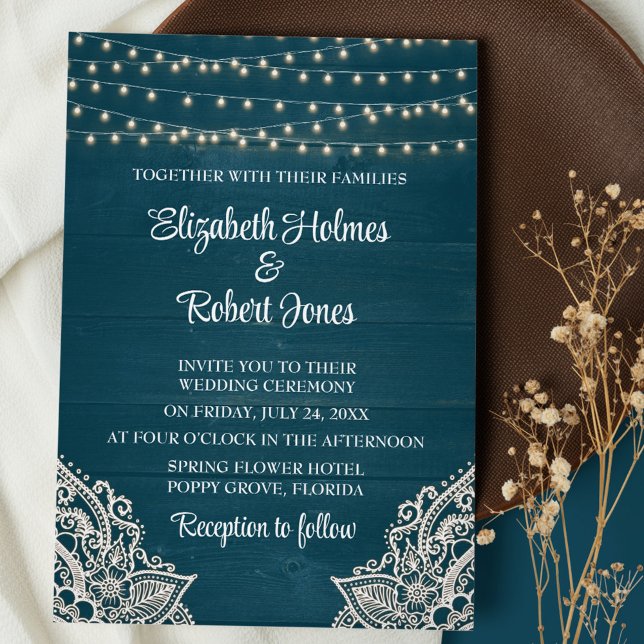 Convite de Casamento Elegância Rústica em Azul Tur (Dark Teal Wooden  String Lights and Lace Wedding Invitation on brown plate with dry wildflowers)