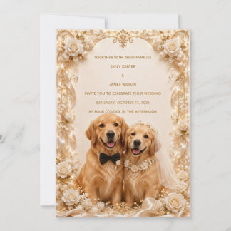 Convite de Casamento Elegante 3D com Golden Retrie