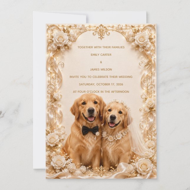Convite de Casamento Elegante 3D com Golden Retrie (Frente)