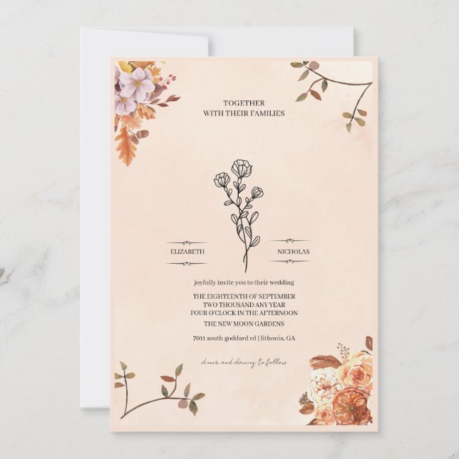 Convite de casamento elegante adornado com rosas (Frente)