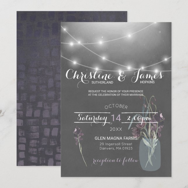 Convite de Casamento Elegante Ameixa, Lilás e Cinz (Frente/Verso)