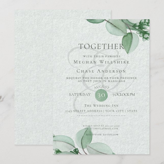 Convite De Casamento | Elegante Aquarela Eucalyptu (Frente/Verso)