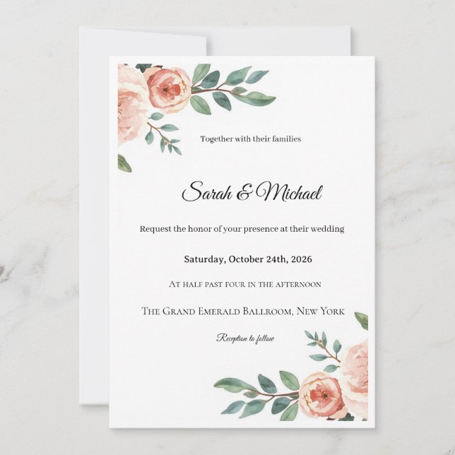 Convite de Casamento Elegante Aquarela Flores Rosa (Frente)