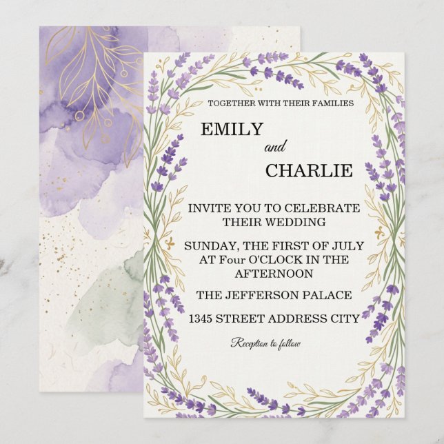 Convite de casamento elegante aquarela lavanda (Frente/Verso)