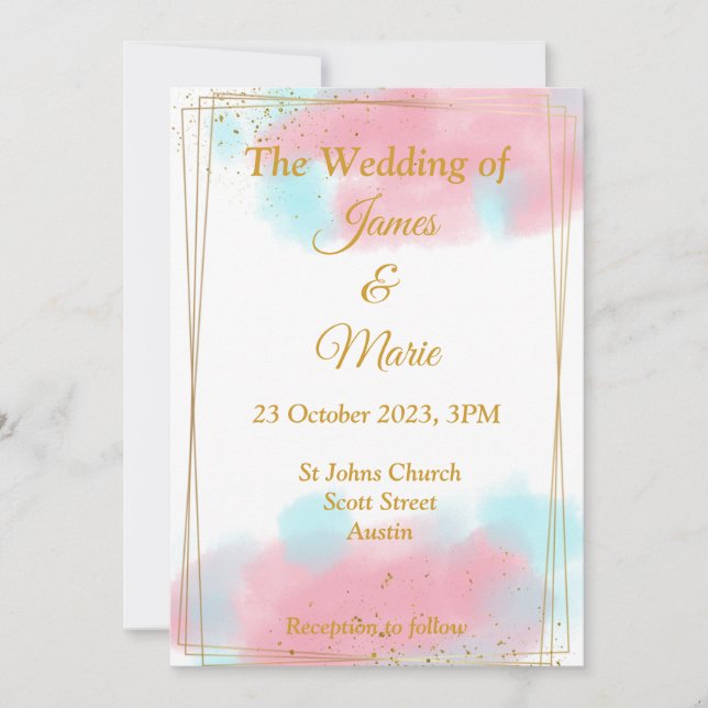 Convite de Casamento Elegante, aquarela rosa, azul (Frente)