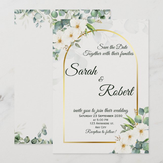 Convite de Casamento Elegante Arco Floral Branco D (Frente/Verso)