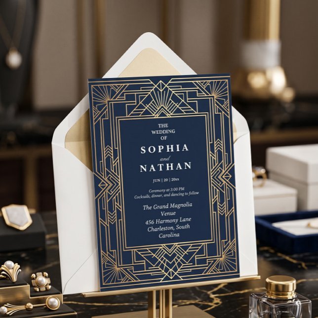 Convite de Casamento Elegante Art Déco (Criador carregado)