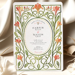 Convite de Casamento Elegante Art Nouveau Coral Li