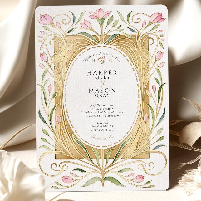 Convite de Casamento Elegante Art Nouveau Freesias (Criador carregado)
