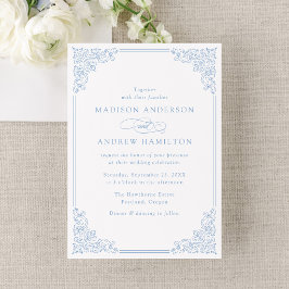 Convite de Casamento Elegante Azul com Moldura Orn