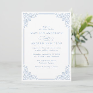 Convite de Casamento Elegante Azul com Moldura Orn