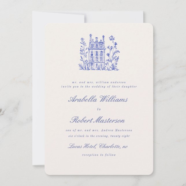 Convite de Casamento Elegante Azul do Campo (Frente)
