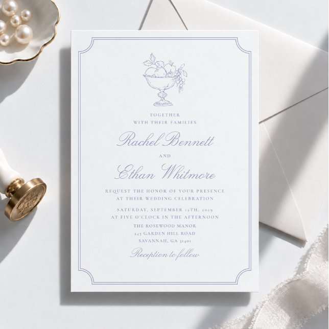 Convite de Casamento Elegante Azul e Branco em Mol (Criador carregado)