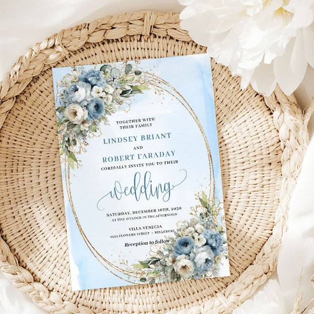 Convite de Casamento Elegante Azul Floral Brilho D (Elegant Blue Floral Gold Glitter Wedding Invitation)