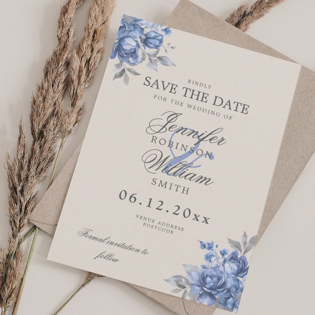 Convite de Casamento Elegante Azul Poento Floral S (Elegant Wedding Dusty Blue Rustic Floral Save Date Save The Date)