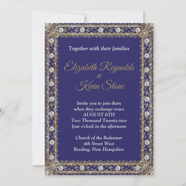Convite de casamento elegante azul real e dourado (Frente)