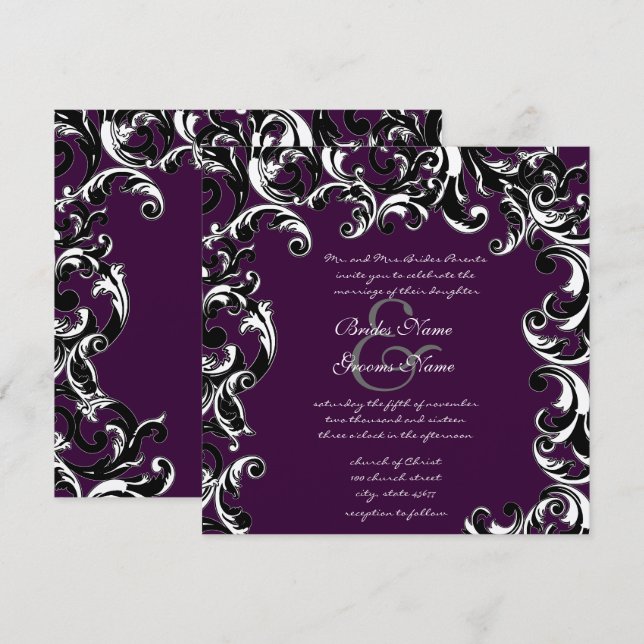 Convite de Casamento Elegante Berinjela Escura e P (Frente/Verso)