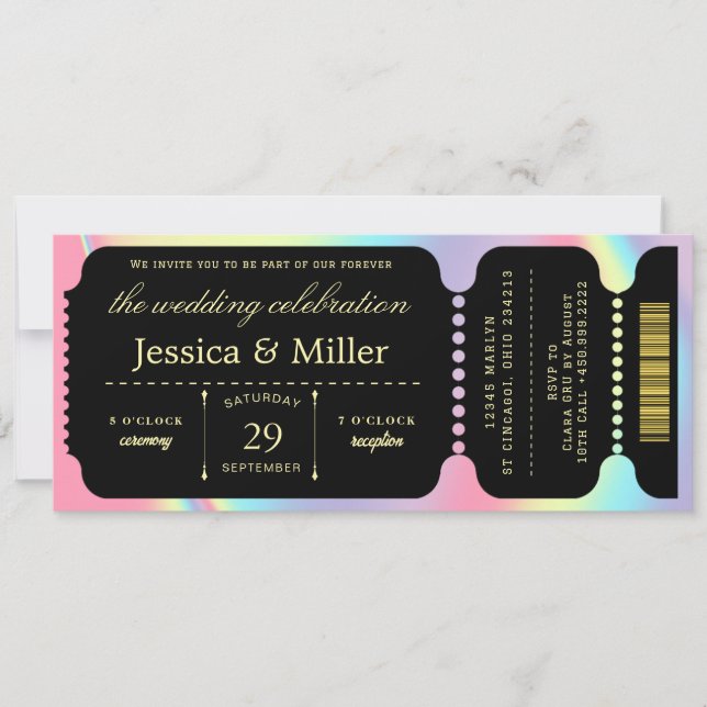 Convite de Casamento Elegante Bilhete Preto e Dour (Frente)