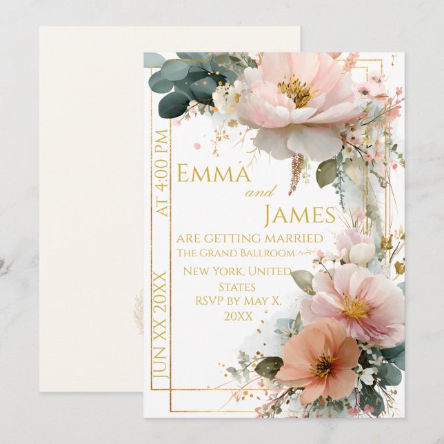 Convite de Casamento Elegante Boho com Flores Silv (Frente/Verso)