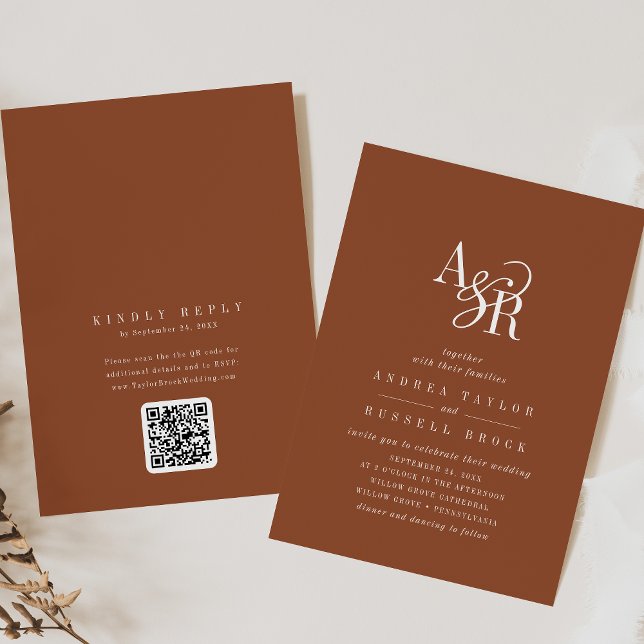 Convite de casamento elegante Boho em terracota co (ANDREA Terracotta QR Code Boho Elegant Wedding Invitation)