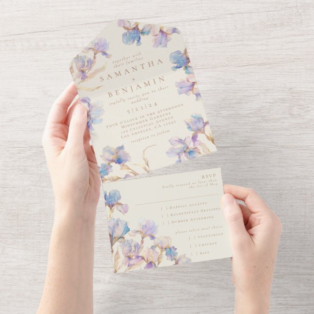 Convite de Casamento Elegante Boho Iris Tudo em Um (Aba destacável)