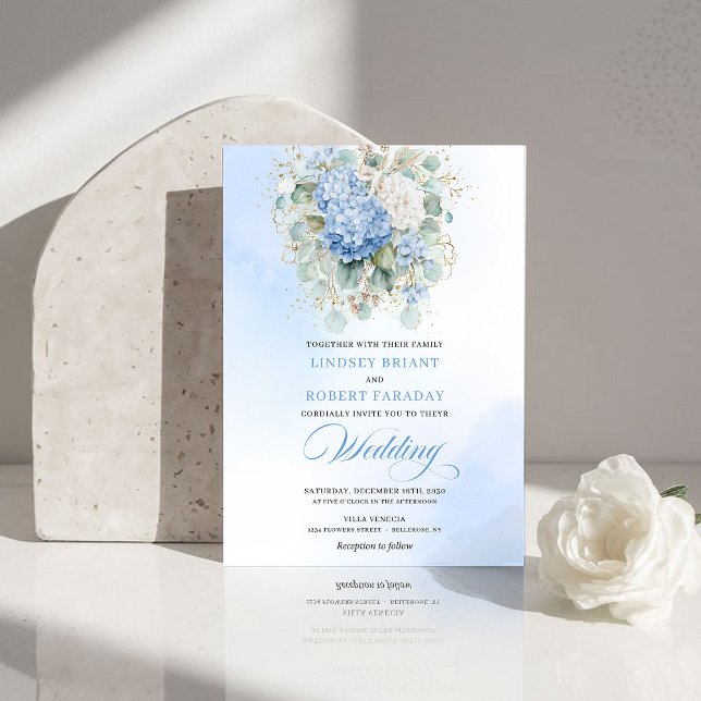 Convite de Casamento Elegante Boho Pastel Azul Hor (Elegant Boho Pastel Blue Hydrangea Wedding Invitation)