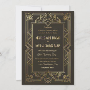 Convite de Casamento Elegante Borda Art Déco Doura