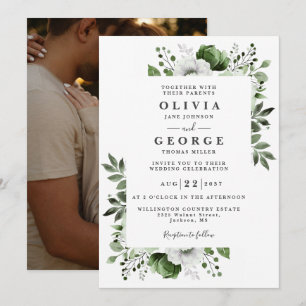 Convite de Casamento Elegante Botânico Floral Verd