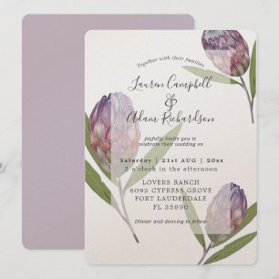 Convite de Casamento Elegante Botânico Protea Roxo