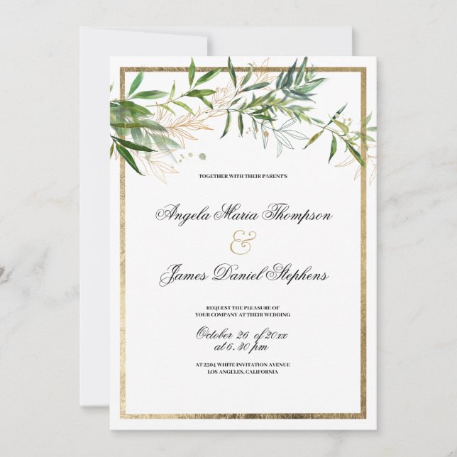 Convite de casamento elegante branco botânico dour (Frente)