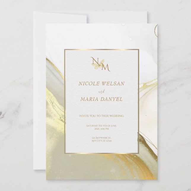Convite de Casamento Elegante Branco Tinta Álcool  (Frente)