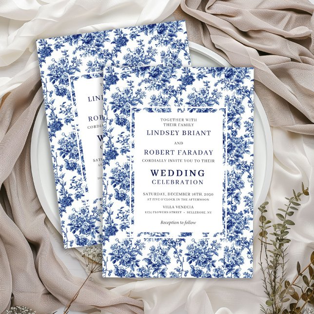 Convite de Casamento Elegante Chic Azul Toile de J (Chic Blue Toile de Jouy Elegant Wedding Invitation)