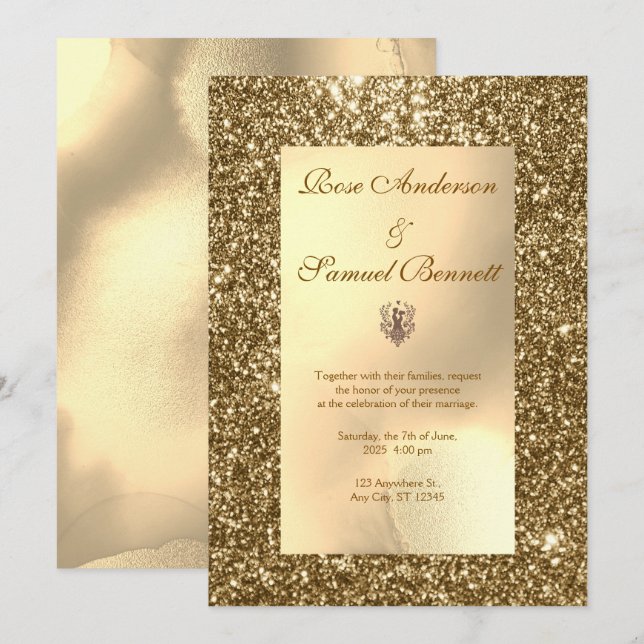 Convite de Casamento Elegante Chic Glitter Dourado (Frente/Verso)