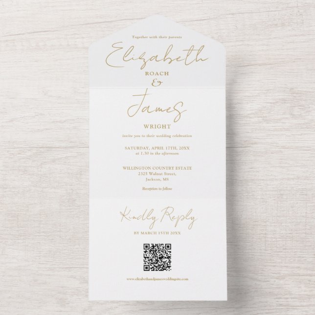 Convite de Casamento Elegante Chic Gold Script QR  (Interno)