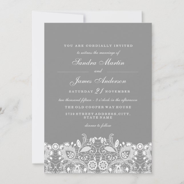 Convite de Casamento Elegante Cinza Branco com Ren (Frente)
