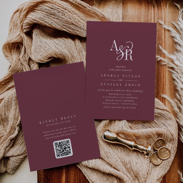 Convite de casamento elegante clássico Burgundy QR (ANDREA Burgundy QR Code Classic Elegant Wedding Invitation)