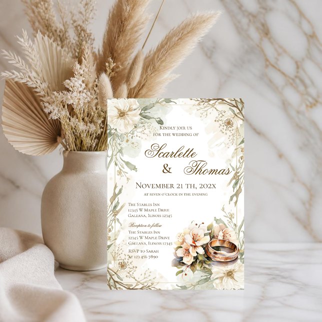 Convite de Casamento Elegante com Anéis Florais (Criador carregado)