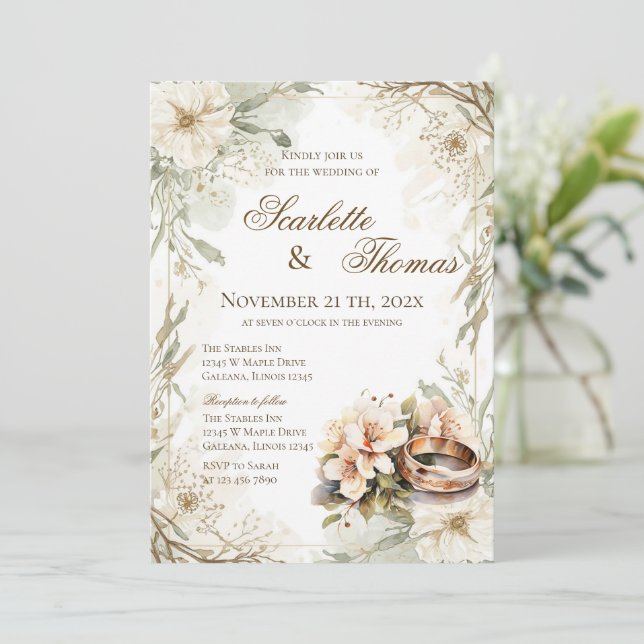 Convite de Casamento Elegante com Anéis Florais (Em pé/Frente)