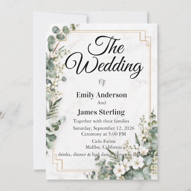 Convite de Casamento Elegante com Aquarela de Euca (Frente)